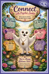 Colorful caricature of the Psychic Junkie white owl mascot welcoming visitors and pointing to signposts for Meet Ian Parkin, Readings With Ian, Join the Inner Circle, Search This Site, Contact Me, and Advertise With Us.