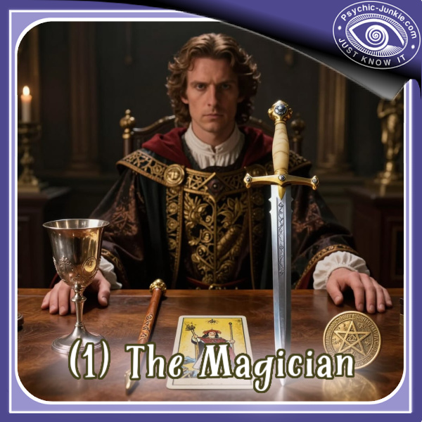 The Magician At His Table with Tarot Card