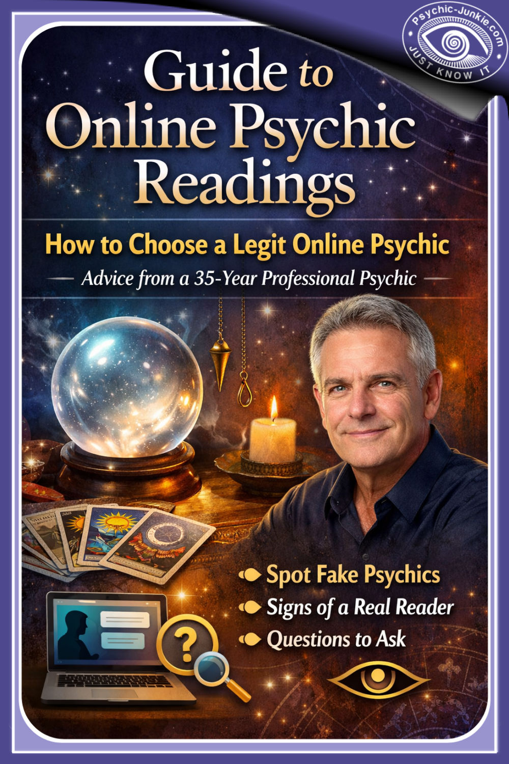 Professional psychic giving an online reading with tarot cards, crystal ball, and laptop, illustrating how to choose a genuine online psychic.