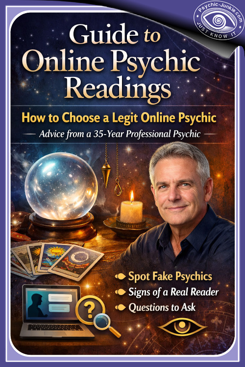 Professional psychic giving an online reading with tarot cards, crystal ball, and laptop, illustrating how to choose a genuine online psychic.