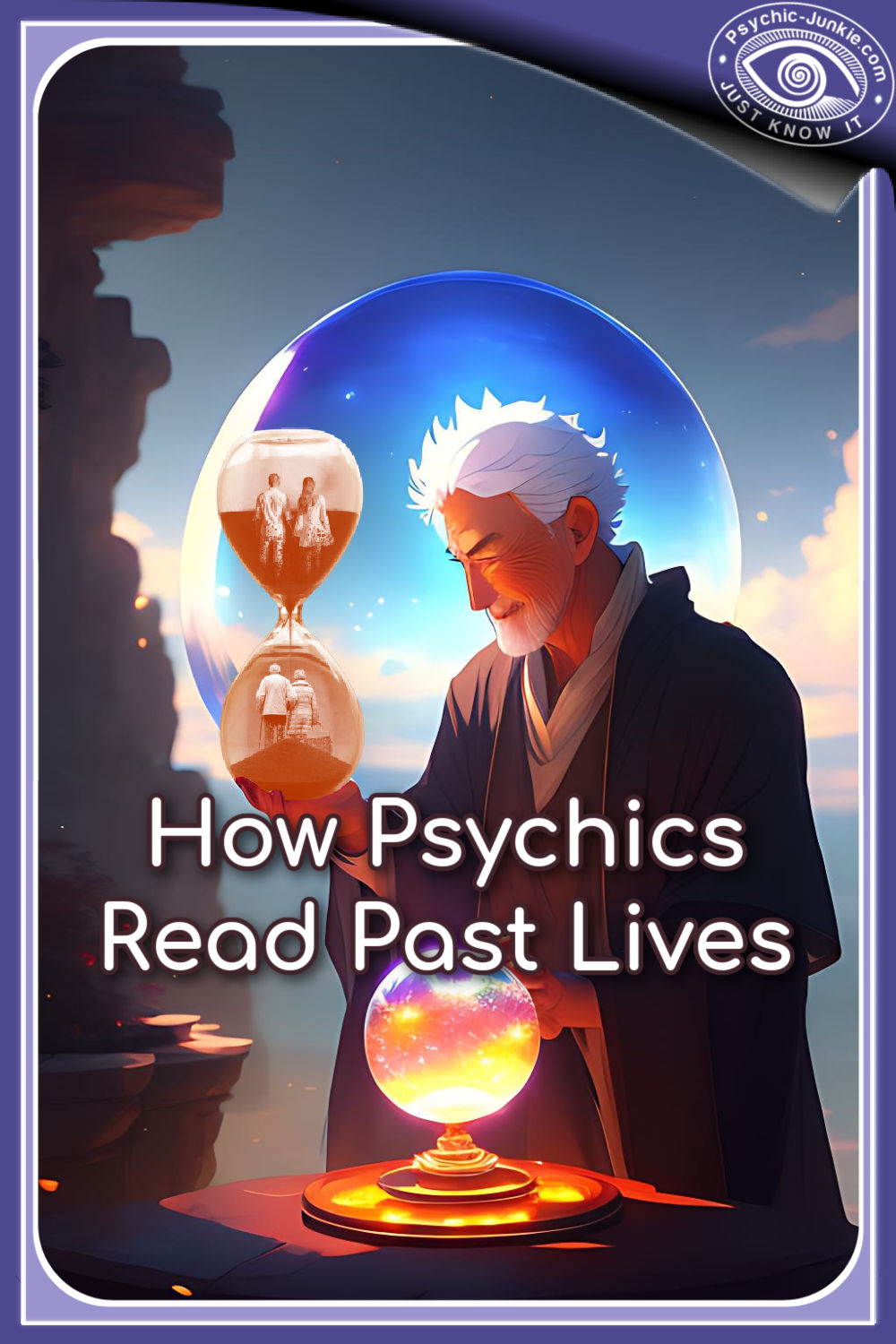 A wise psychic tuning into your past lives through a crystal ball