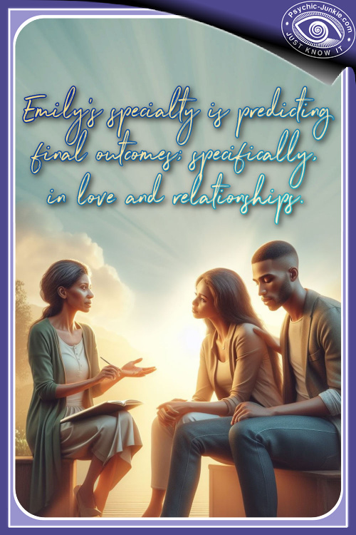 Emily's specialty is predicting final outcomes; specifically, in love and relationships. Emily's specialty is predicting final outcomes; specifically, in love and relationships.