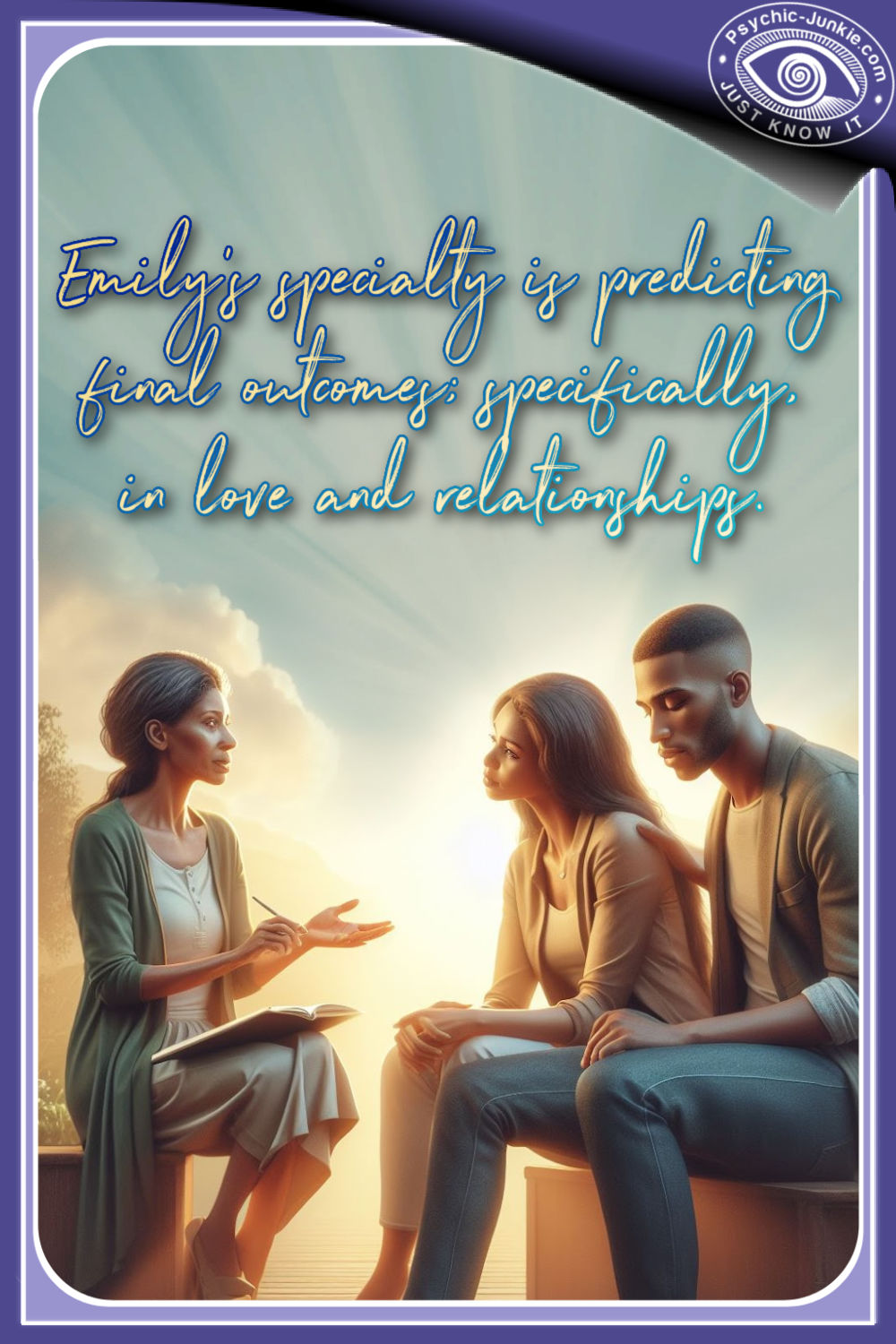 Emily's specialty is predicting final outcomes; specifically, in love and relationships. Emily's specialty is predicting final outcomes; specifically, in love and relationships.