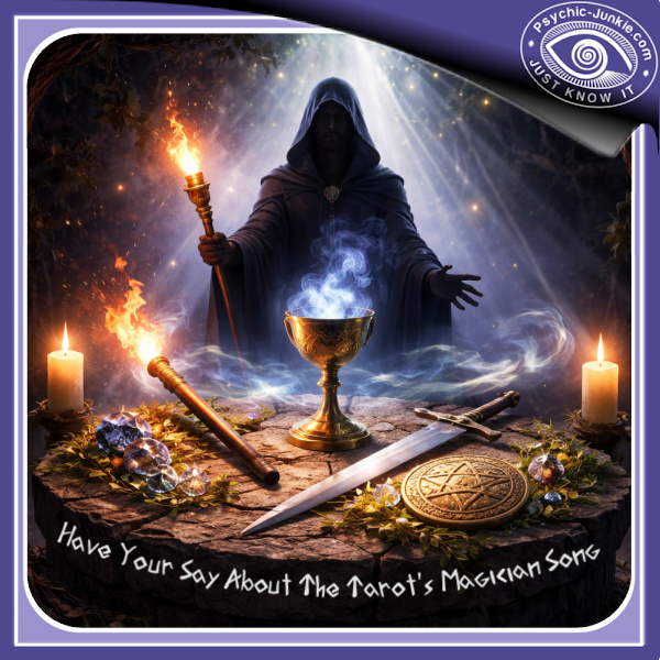 Silhouette of The Magician standing behind a stone table with Wand, Cup, Sword, and Pentacle glowing, surrounded by swirling elemental energies and magical light beams in a twilight forest.