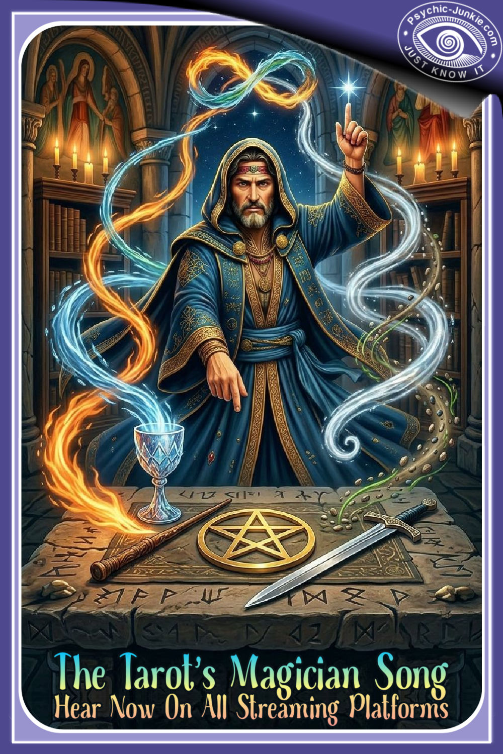 The Tarot’s Magician album cover art featuring a mystical magician standing behind a stone table with a glowing wand, golden pentacle, sword, and shimmering cup. Elemental energies of fire, water, air, and earth swirl around him under a twilight sky with stars and auroras.