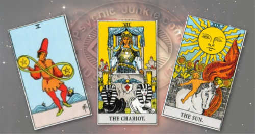 Two of Pentacles, the Chariot, and the Sun.