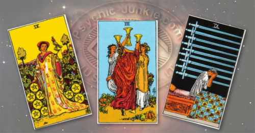 Nine of Pentacles, Three of Cups, and Nine of Swords.