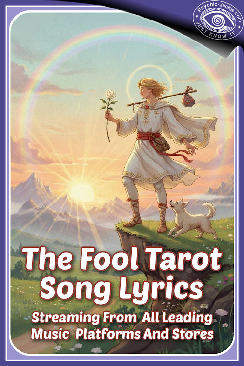 The Fool Tarot Card Song Inspiration - whimsical illustration of Tarot’s Fool standing on a cliff with a loyal white dog, ready to leap into the unknown.