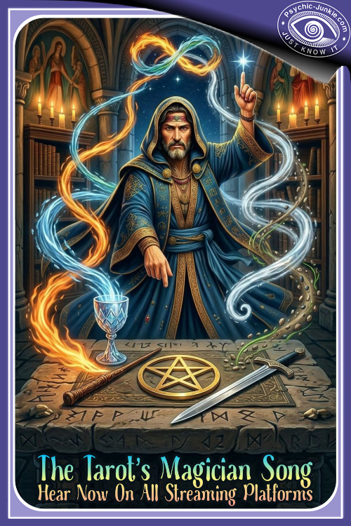 The Tarot’s Magician album cover art featuring a mystical magician standing behind a stone table with a glowing wand, golden pentacle, sword, and shimmering cup. Elemental energies of fire, water, air, and earth swirl around him under a twilight sky with stars and auroras.