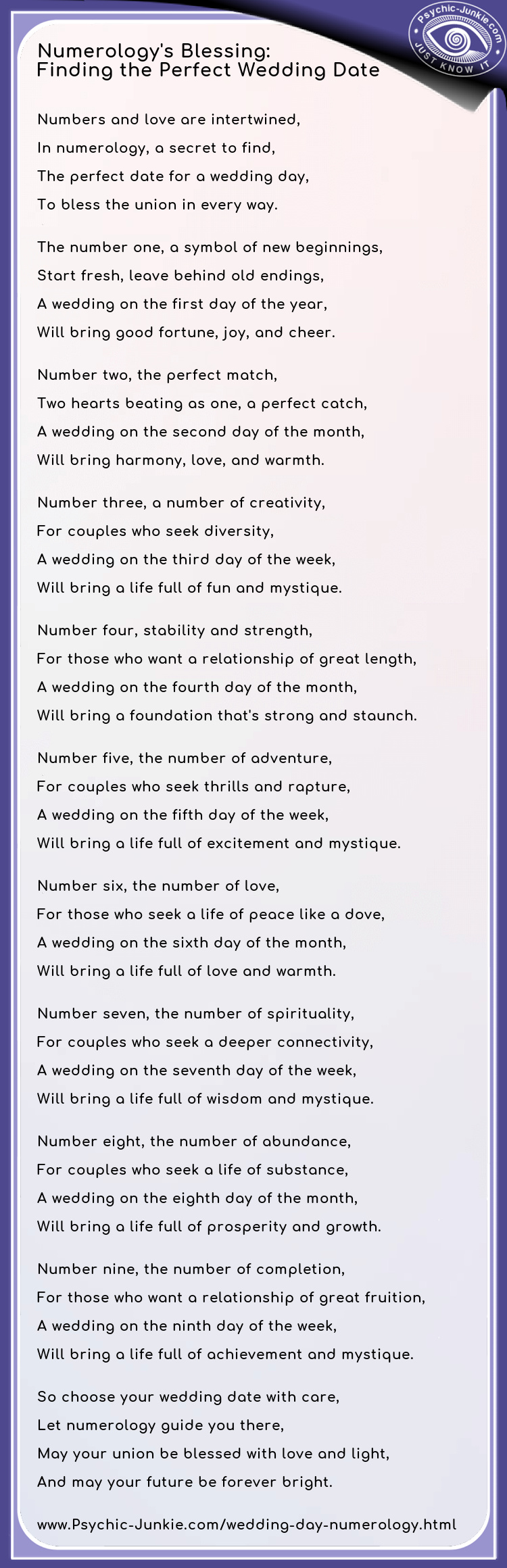 A poem about using numerology to set wedding dates.